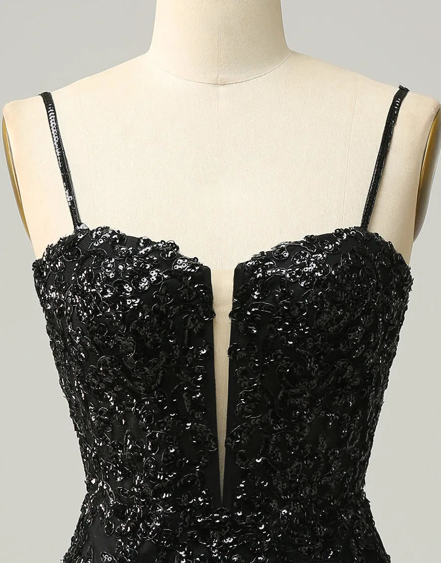 Spaghetti Straps Corset Back Sequin Homecoming Dress Short
