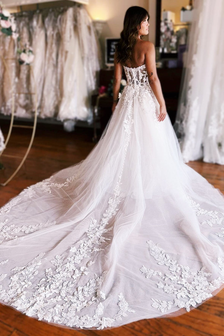 Ivory Tulle Appliques Strapless A-Line Long Wedding Dress Off Shoulder