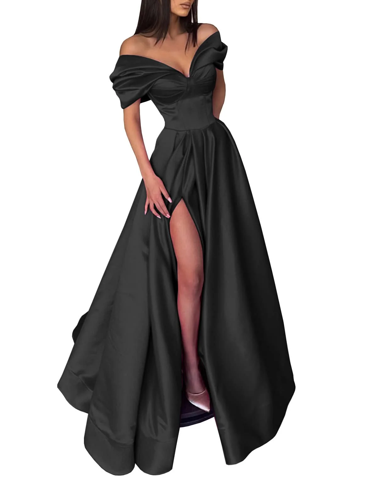 A-Line/Princess Off-The-Shoulder Long Prom Dresses With Split Side Pure Color