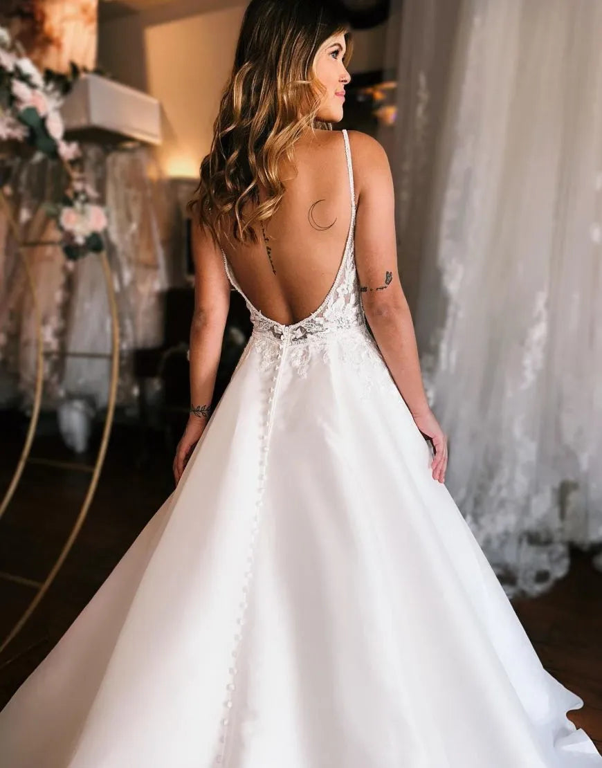 A-Line Spaghetti Straps Open Back Wedding Dress V-neck Sexy Long