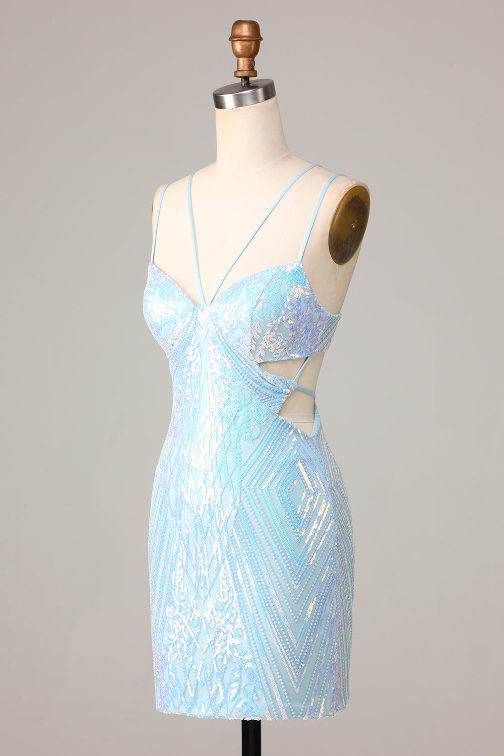 Bodycon Spaghetti Straps Blue Sequins Short Homecoming Dress Sexy