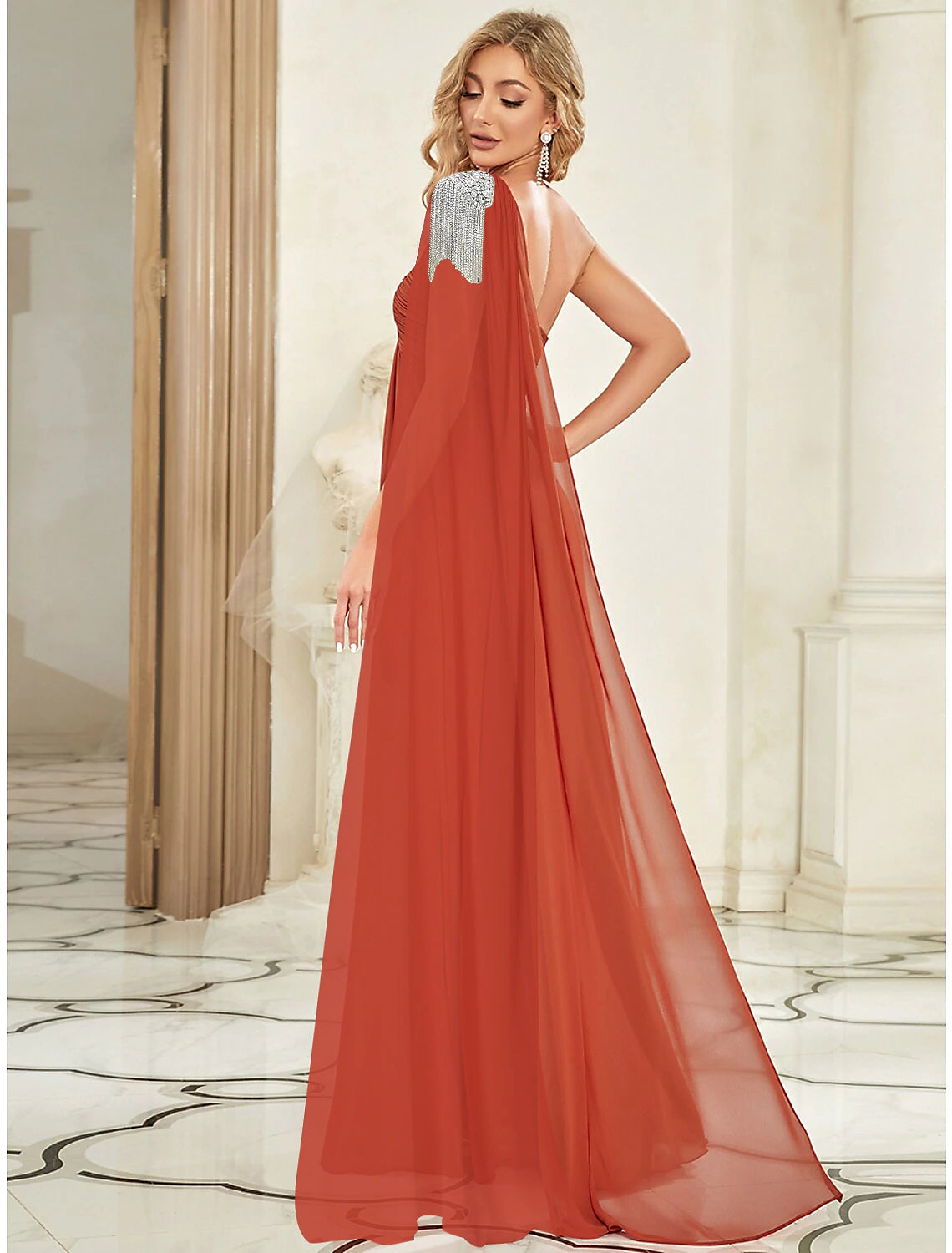 A-Line Evening Gown Empire Dress Wedding Guest Floor Length Sleeveless One Shoulder Chiffon with Crystals Shouder Flower