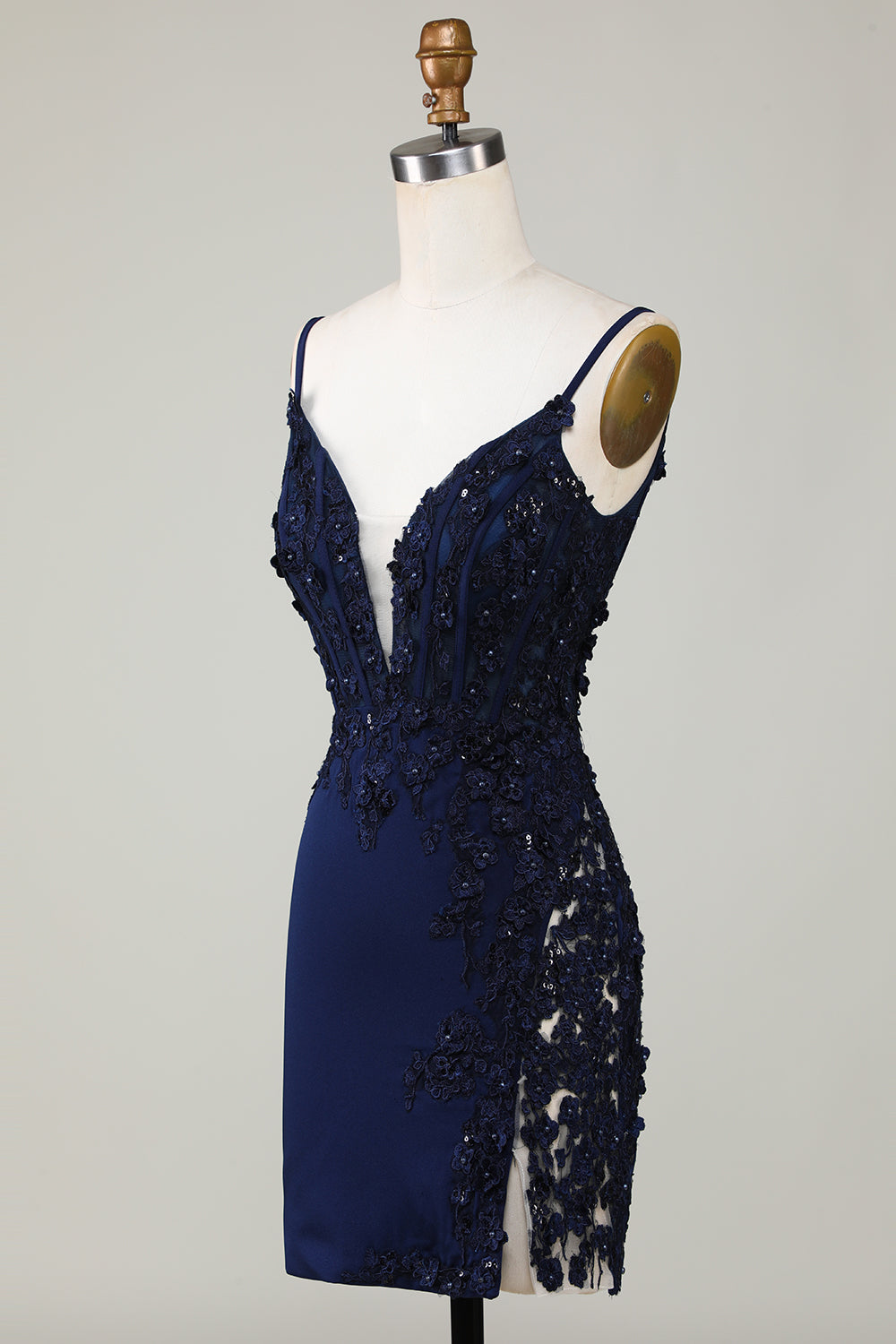 Sparkly Navy BlueTight Corset Short Homecoming Dress with Lace With Flowers