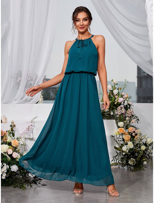 A-Line Wedding Guest Dresses Elegant Dress Holiday Ankle Length Sleeveless Halter Lace