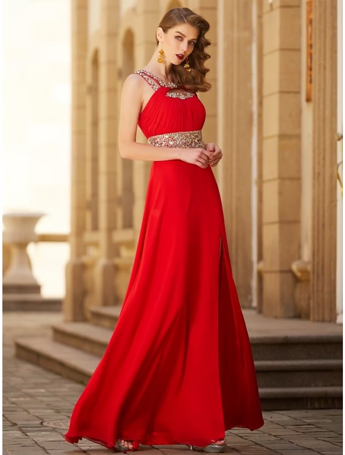 A-Line Evening Gown Sparkle & Shine Dress Party Wear Floor Length Sleeveless Halter Chiffon
