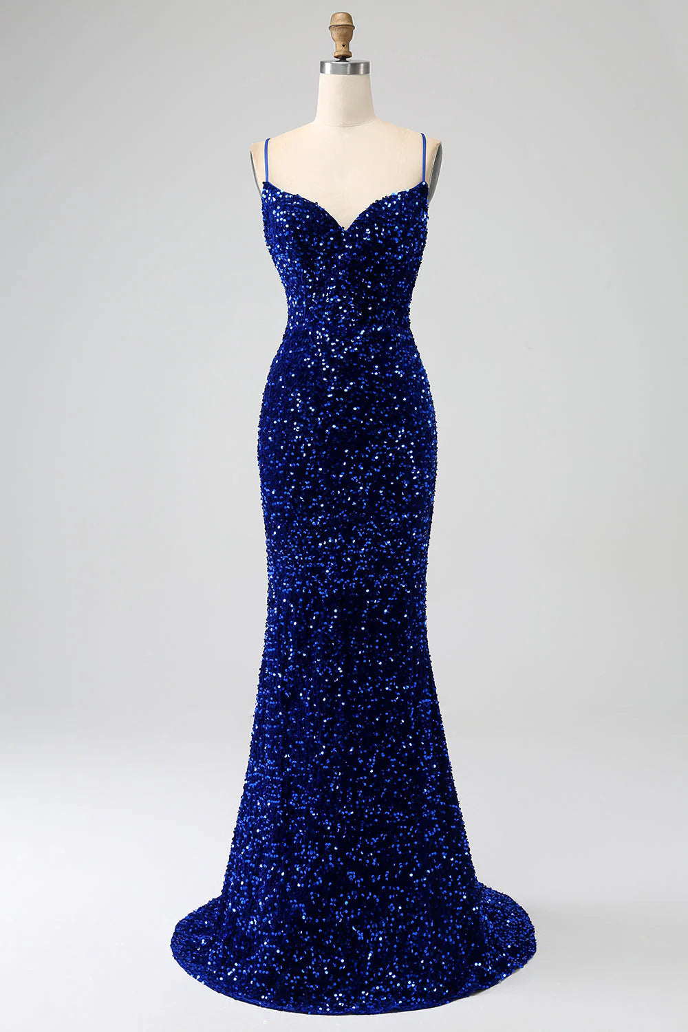 Mermaid Spaghetti Straps Velvet Sequin Long Prom Dress Pure Color Sparkly