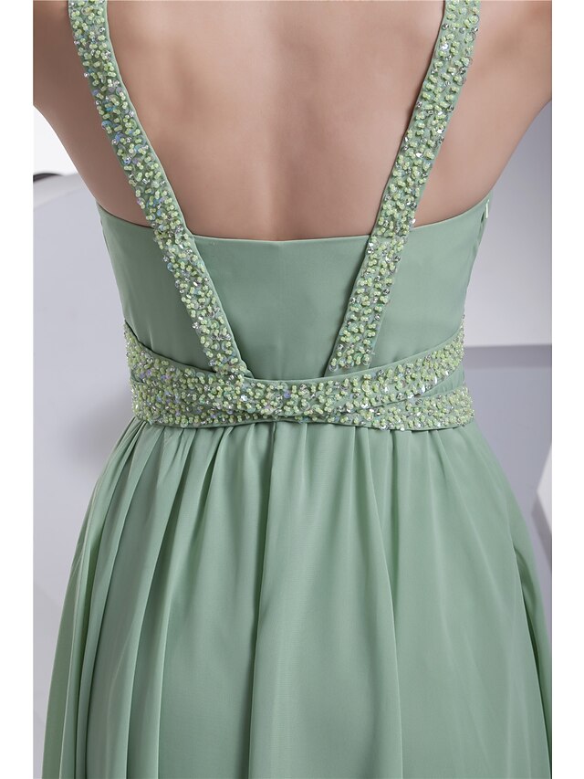 A-Line Evening Gown Sparkle Dress Formal Evening Floor Length Sleeveless Spaghetti Strap Chiffon