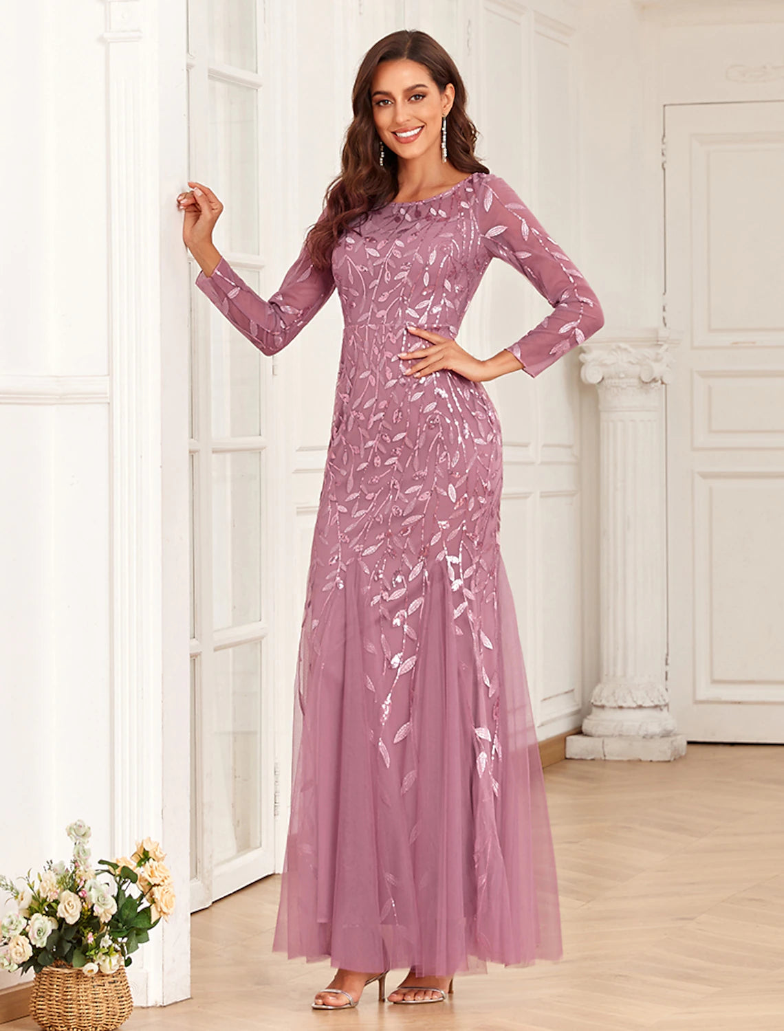 Mermaid / Trumpet Evening Gown Elegant Dress Prom Floor Length Long Sleeve Jewel Neck Tulle