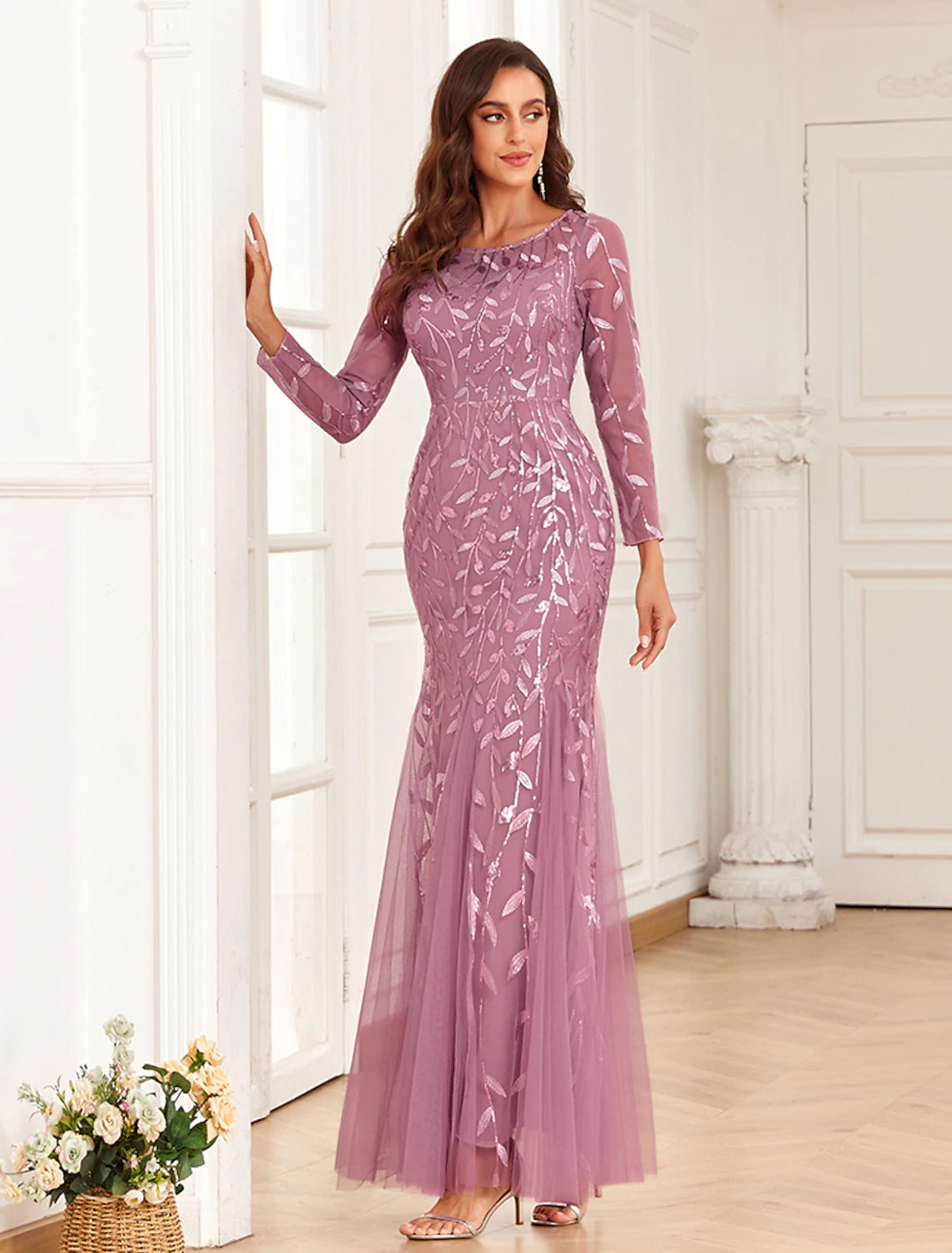 Mermaid / Trumpet Evening Gown Elegant Dress Prom Floor Length Long Sleeve Jewel Neck Tulle