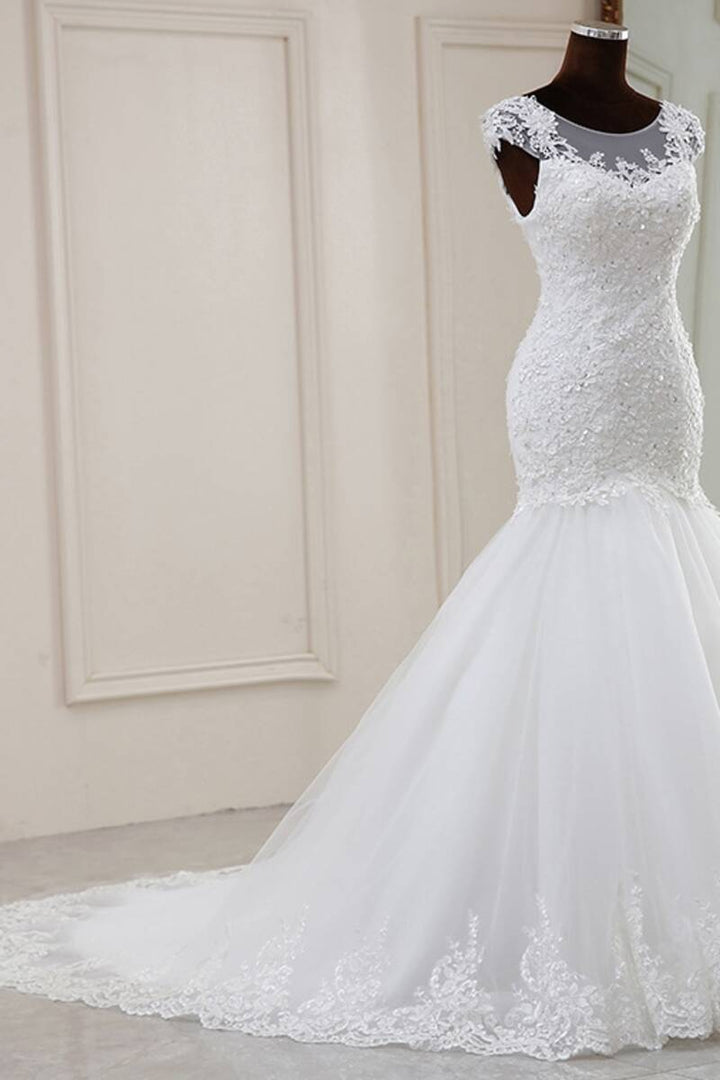 Elegant White Beaded Embroidered Cap Sleeve Trumpet Wedding Dress Long