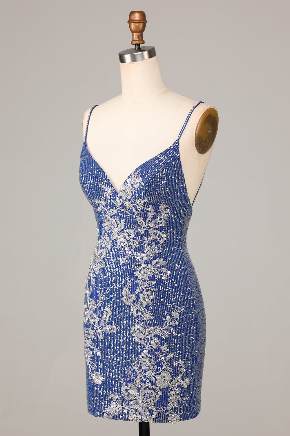 Sheath Spaghetti Straps Dark Blue Short Homecoming Dress With Embroidery V-neck