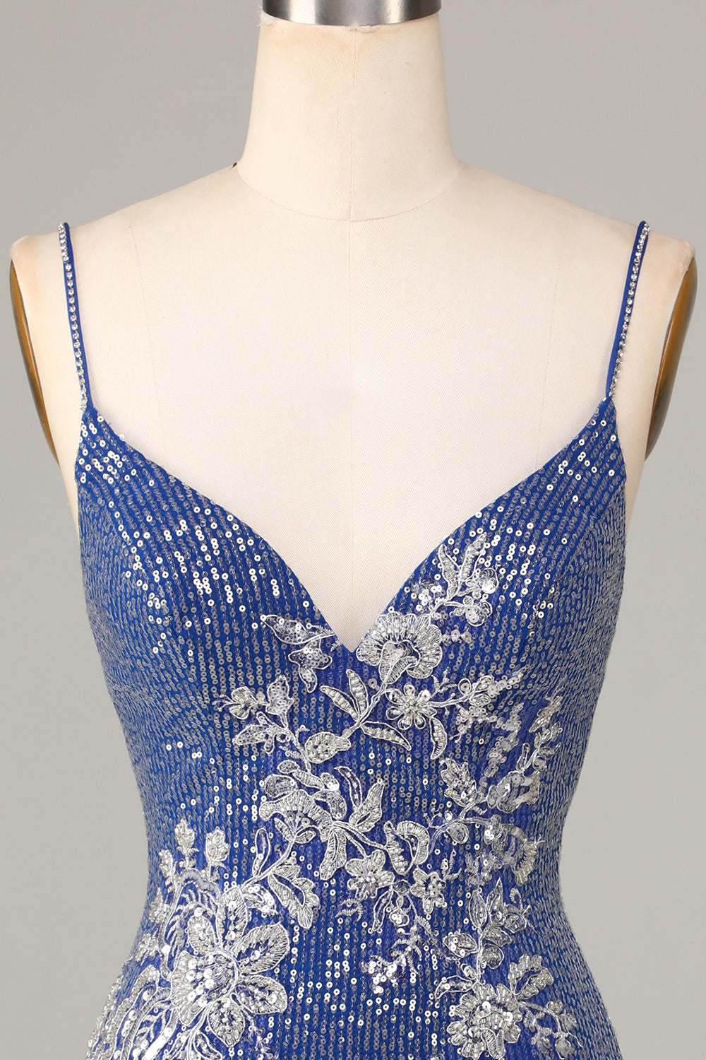 Sheath Spaghetti Straps Dark Blue Short Homecoming Dress With Embroidery V-neck