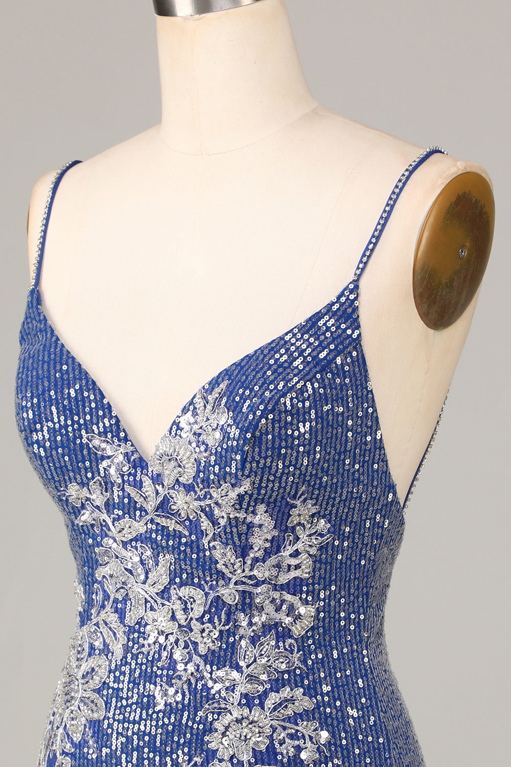 Sheath Spaghetti Straps Dark Blue Short Homecoming Dress With Embroidery V-neck
