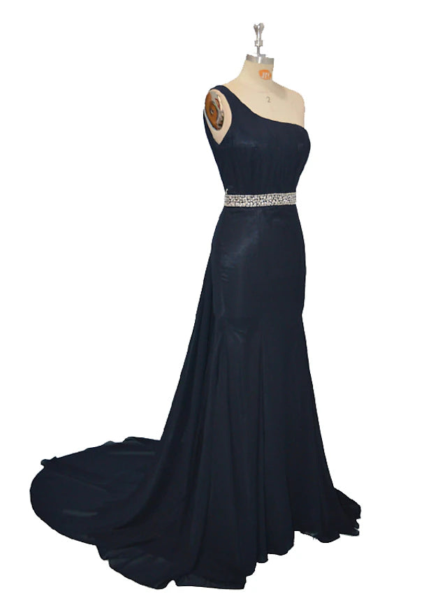 Sheath / Column Evening Gown Elegant Dress Party Wear Sweep / Brush Train Sleeveless One Shoulder Chiffon