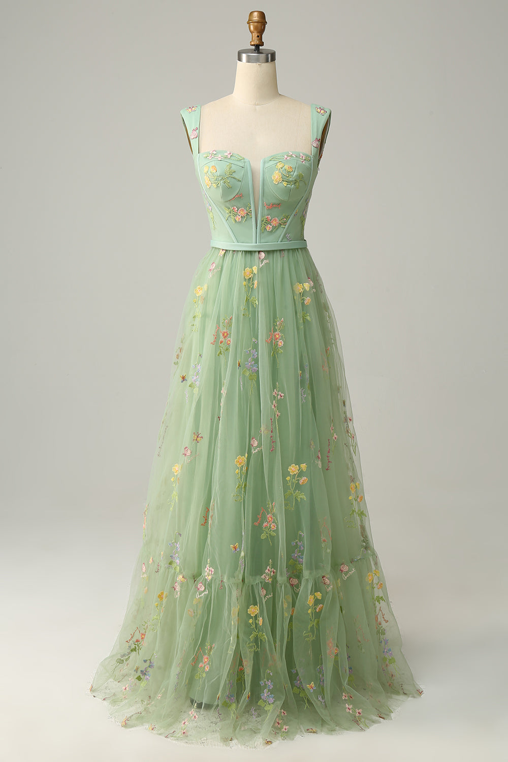 A-Line Square Neck Embroidered Prom Dress Floor Length With Flowers