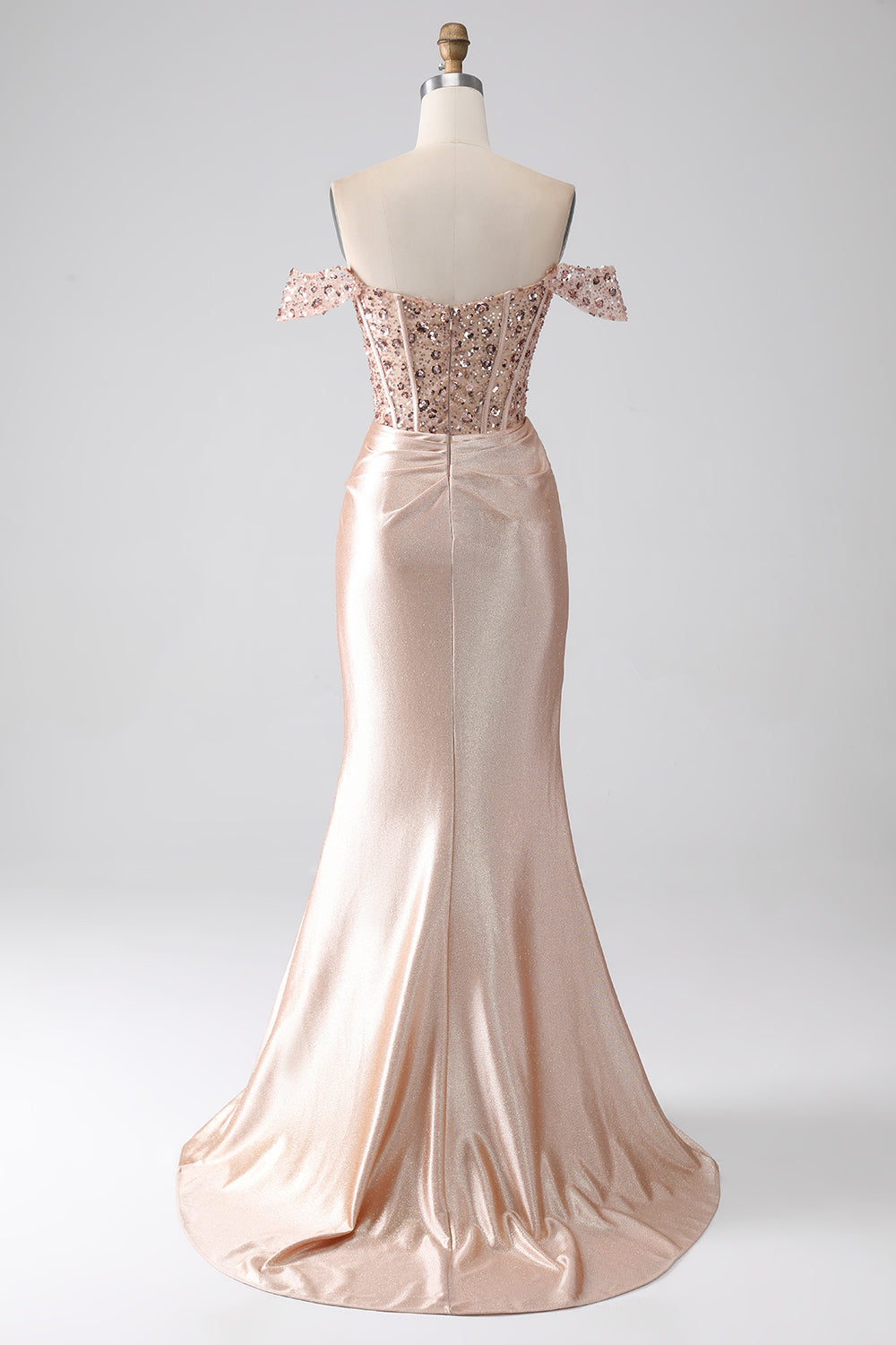 Champagne Mermaid Off The Shoulder Sequins Corset Prom Dress With Slit Evening Dresses