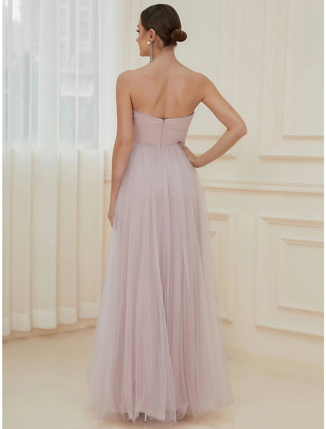 A-Line Evening Gown Elegant Dress Wedding Guest Floor Length Sleeveless Off Shoulder Tulle with Pure Color