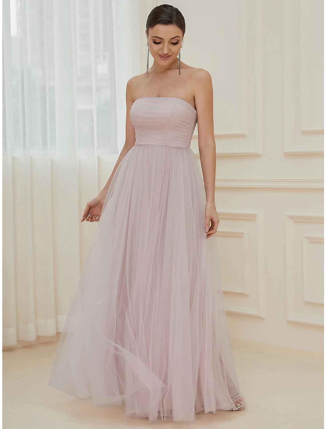 A-Line Evening Gown Elegant Dress Wedding Guest Floor Length Sleeveless Off Shoulder Tulle with Pure Color