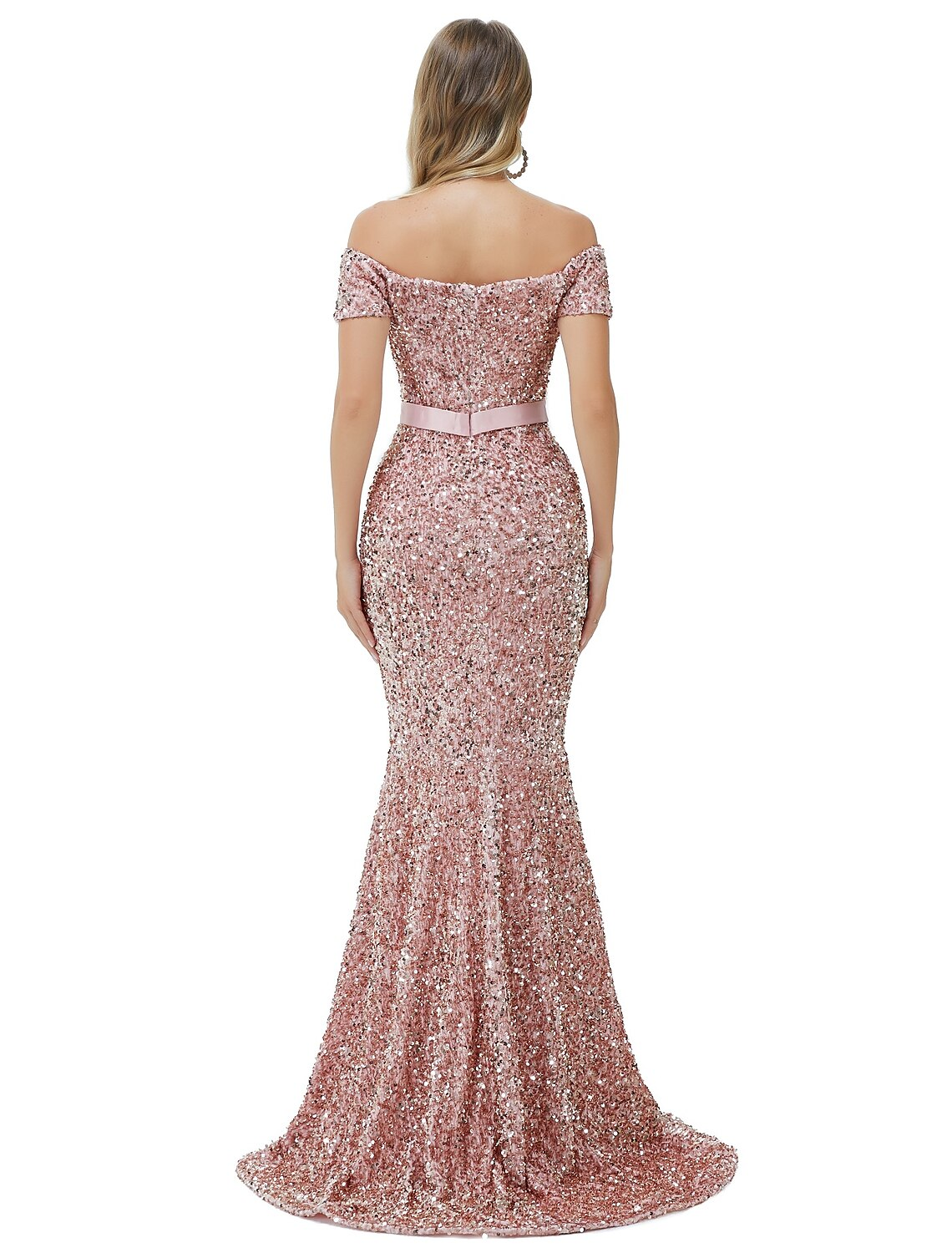 Mermaid / Trumpet Sparkle bodycon Engagement Formal Evening Dress Off Shoulder Cowl Back Sleeveless Court Train Sequined