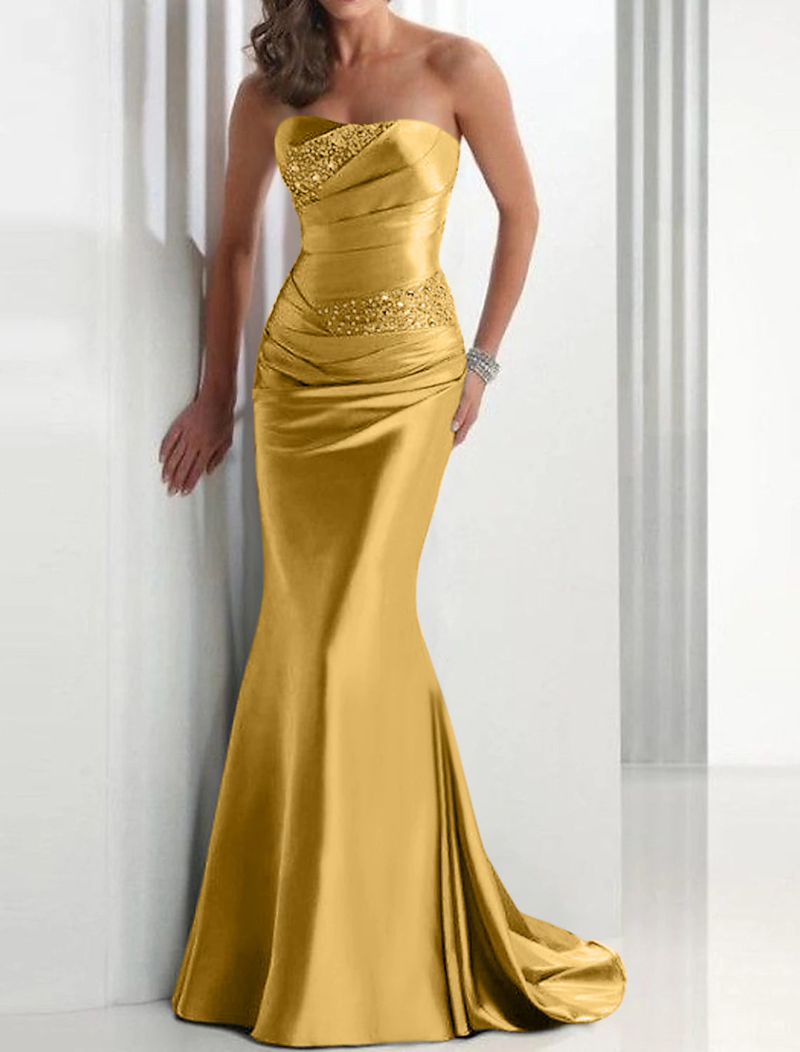Mermaid / Trumpet Elegant Sparkle & Shine Wedding Guest Formal Evening Dress Strapless Sleeveless Sweep / Brush Train Satin