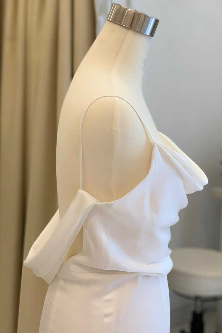 White Blouson Cowl Neck Backless Mermaid Long Wedding Dress Pure Color