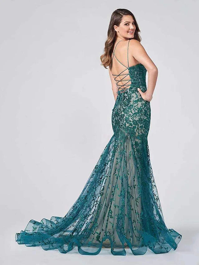Mermaid / Trumpet Evening Gown Color Block Dress Formal Court Train Sleeveless Spaghetti Strap Lace Backless