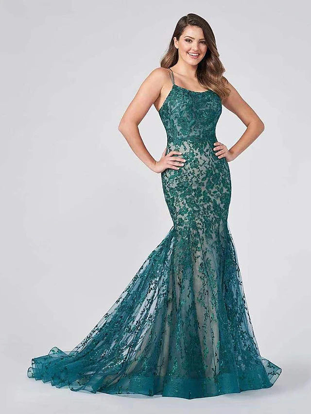 Mermaid / Trumpet Evening Gown Color Block Dress Formal Court Train Sleeveless Spaghetti Strap Lace Backless