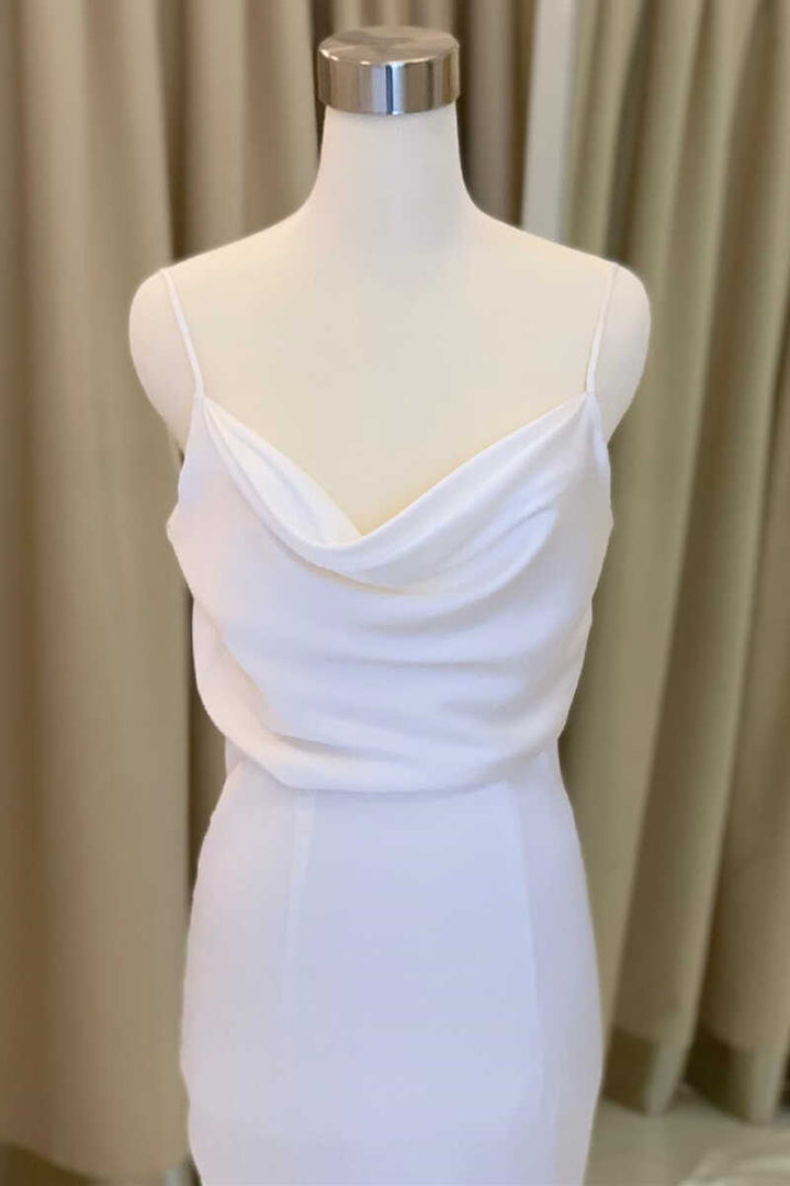 White Blouson Cowl Neck Backless Mermaid Long Wedding Dress Pure Color