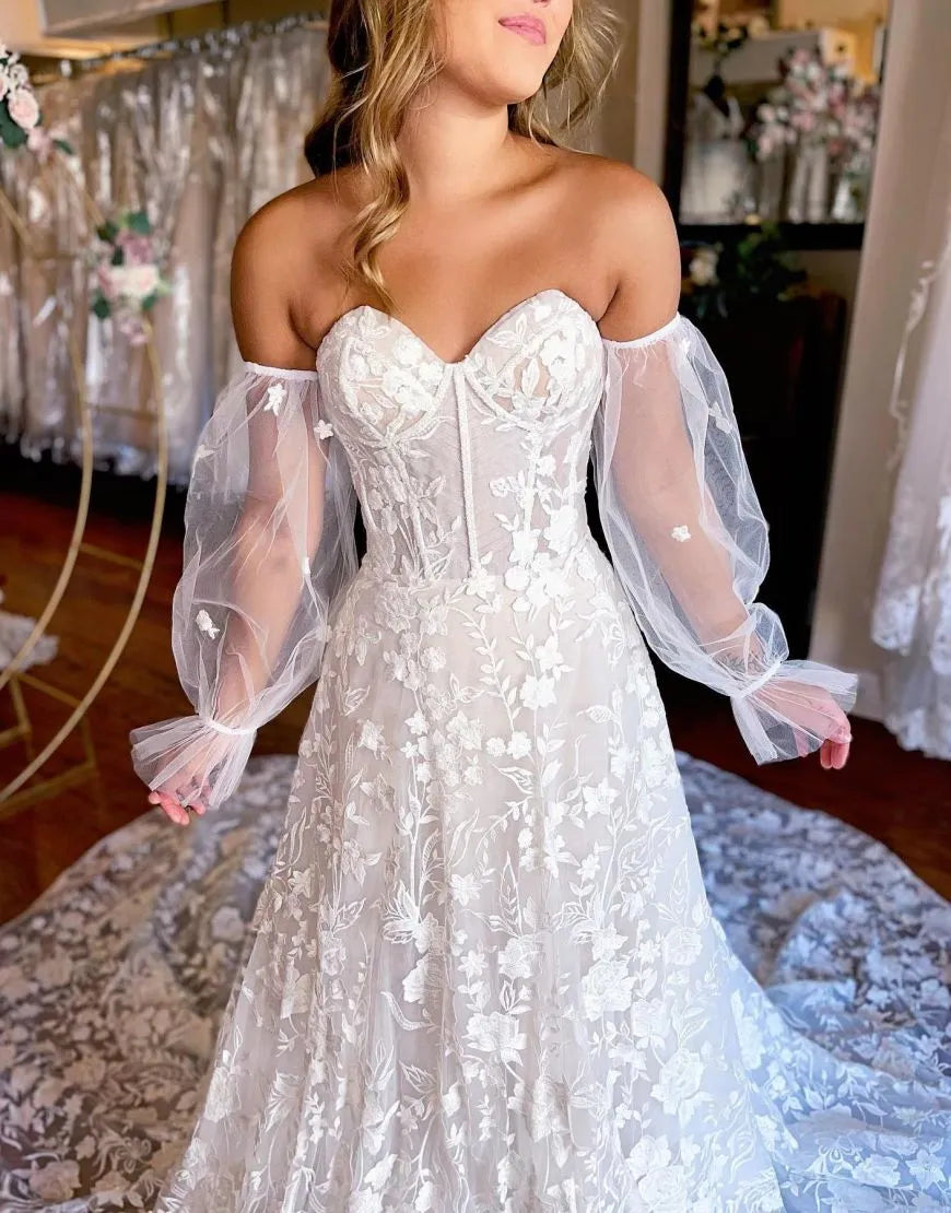 A-Line Train Lace Wedding Dress With Detachable Sleeves Off Shoulder Sexy