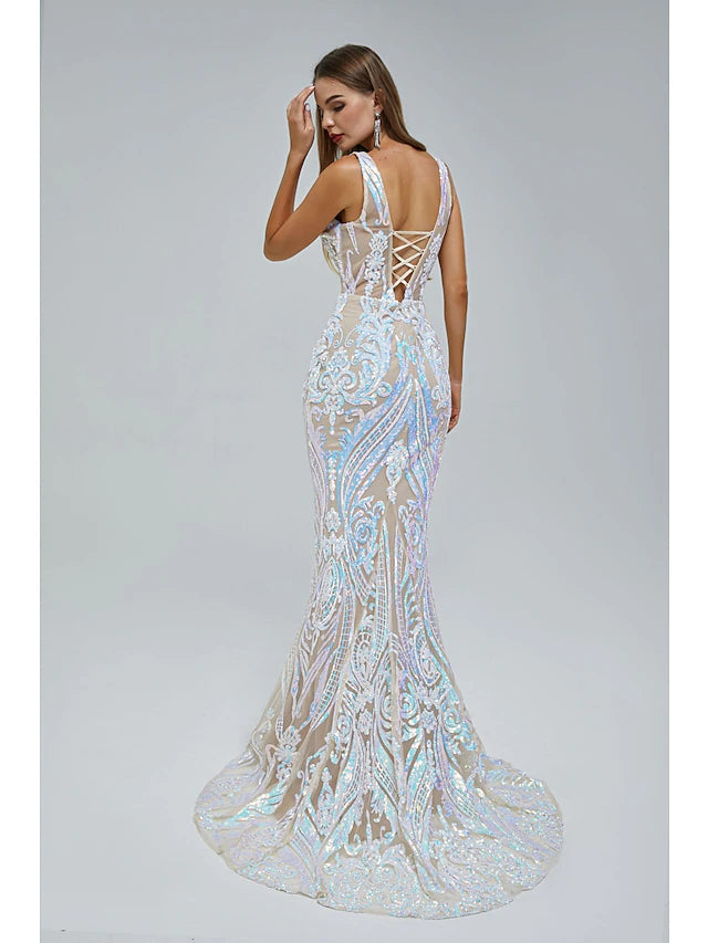 Mermaid / Trumpet Evening Gown Elegant Dress Engagement Court Train Sleeveless V Neck Sequined