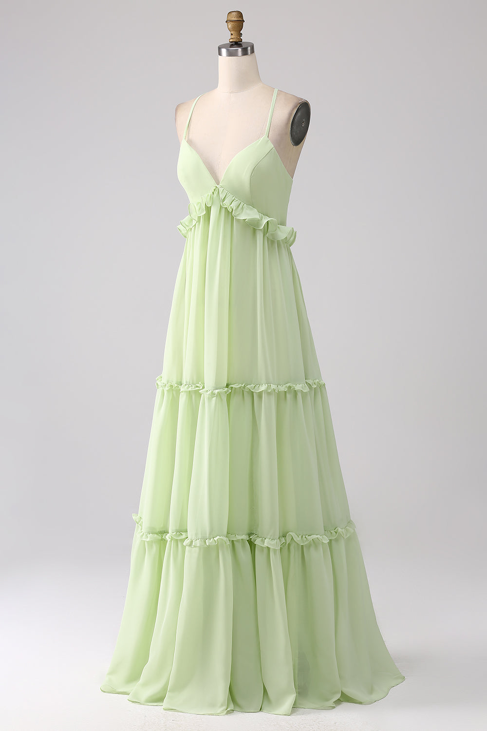 A-Line Spaghetti Straps Backless Long Bridesmaid Dress With Ruffles V-neck