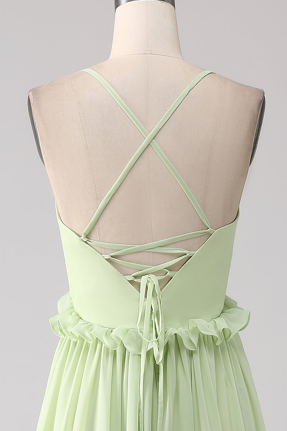 A-Line Spaghetti Straps Backless Long Bridesmaid Dress With Ruffles V-neck