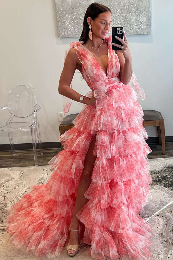 A Line V-NecK Tie Straps Floral Print Tulle Layered Long Prom Dress With Slit