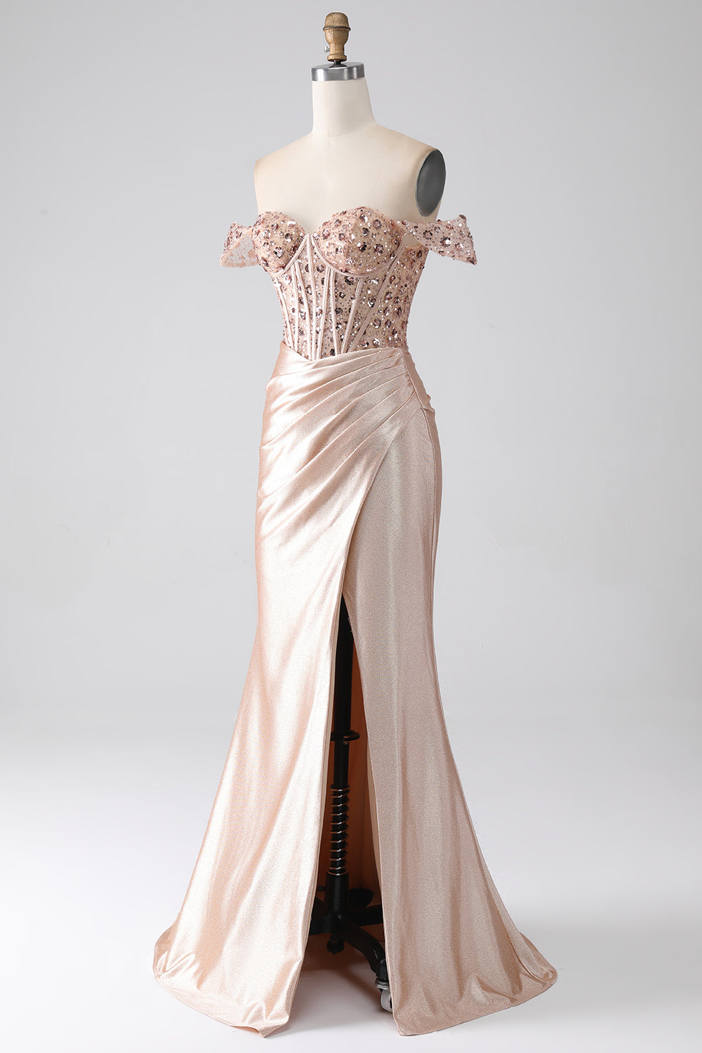 Champagne Mermaid Off The Shoulder Sequins Corset Prom Dress With Slit Evening Dresses