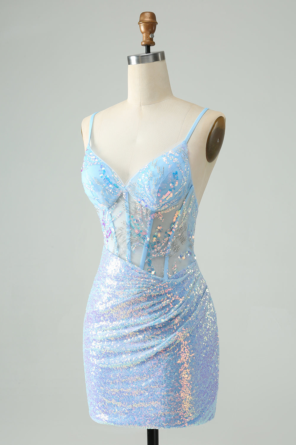 Glitter Tight Spaghetti Straps Corset Short Homecoming Dress with Sequins Sparkly