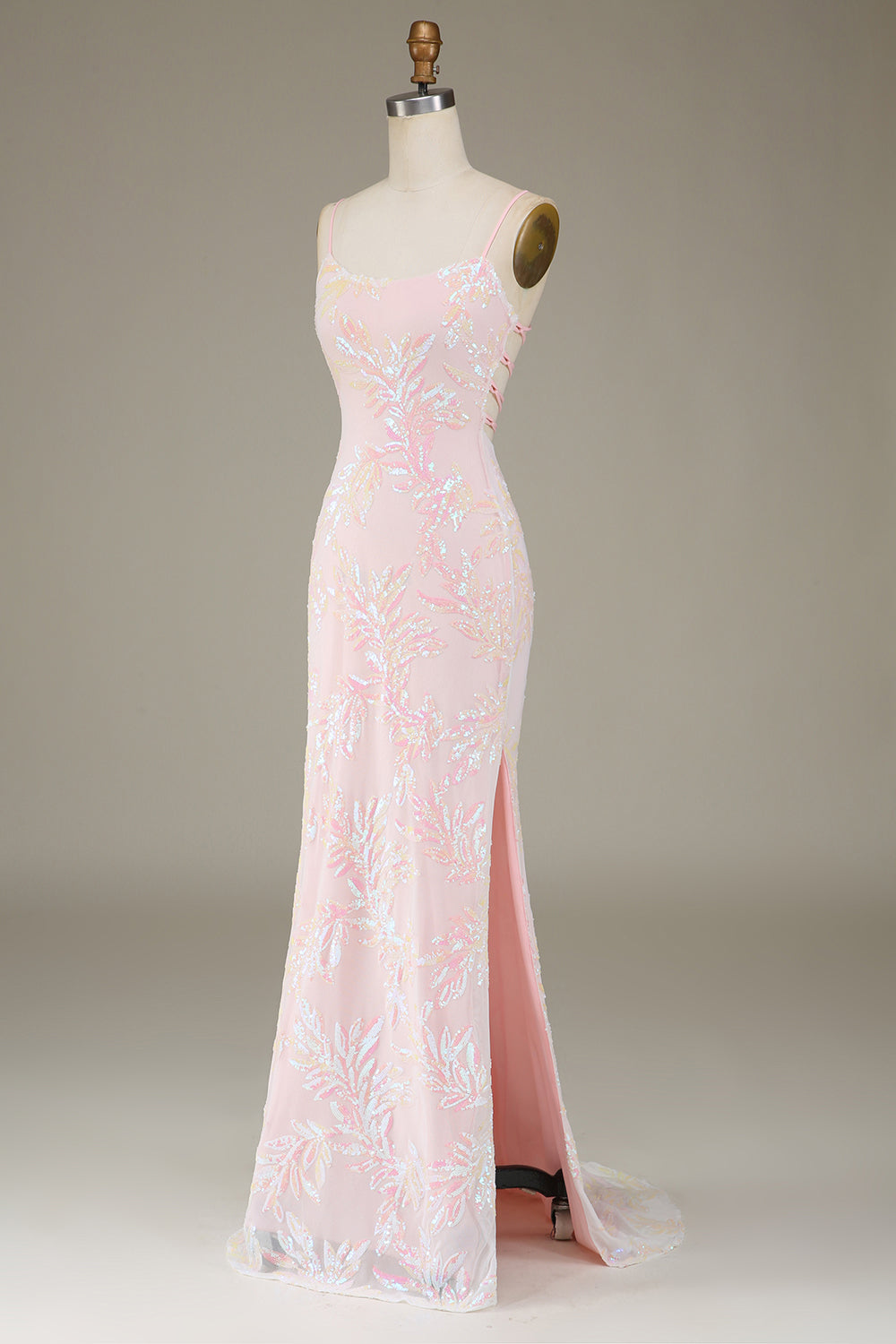 Pink Mermaid Spaghetti Straps Sparkly Long Prom Dress with Slit Evening Dresses