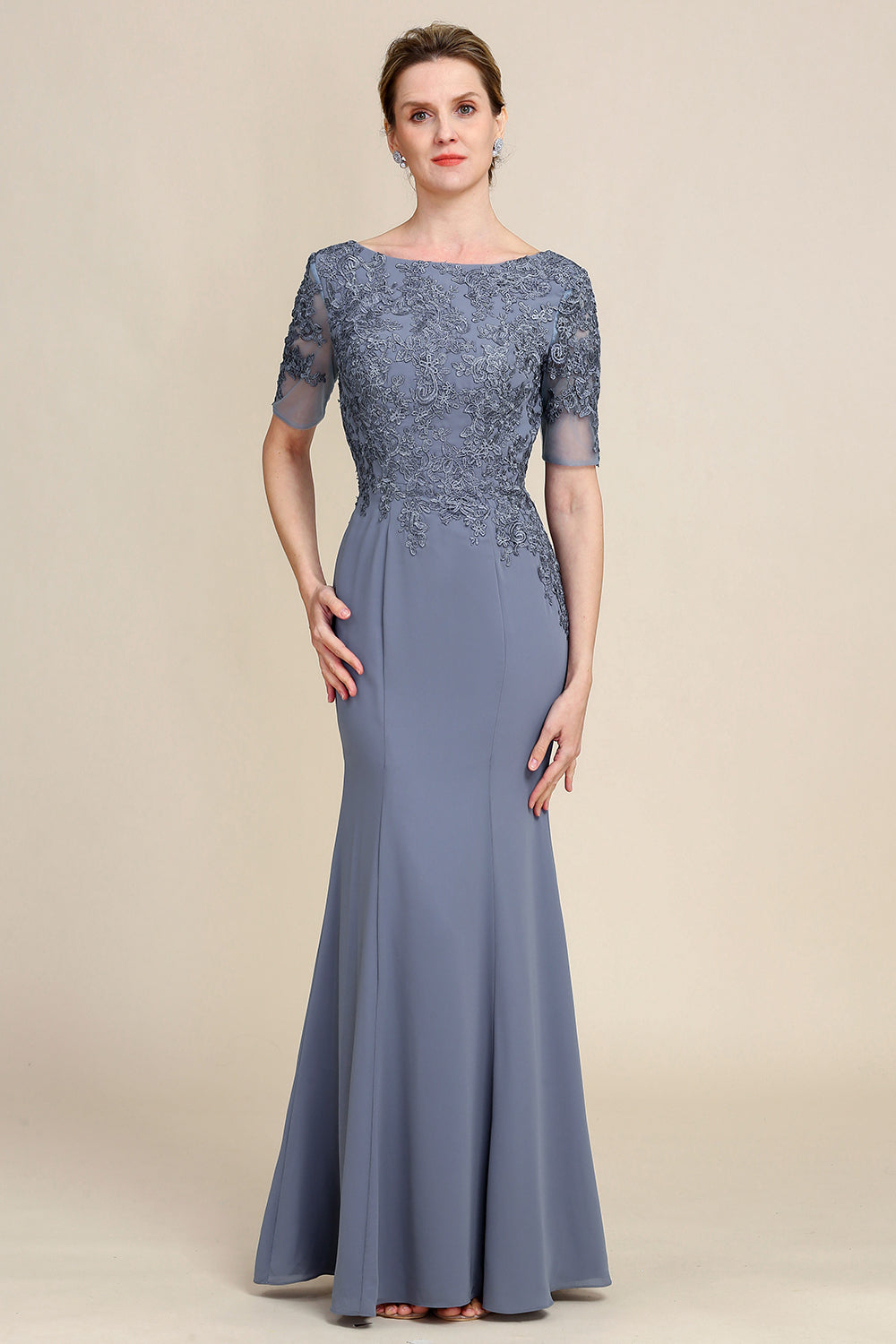 Grey Blue Mermaid Floor Length Chiffon Mother of Bride Dress With Appliques Beautiful