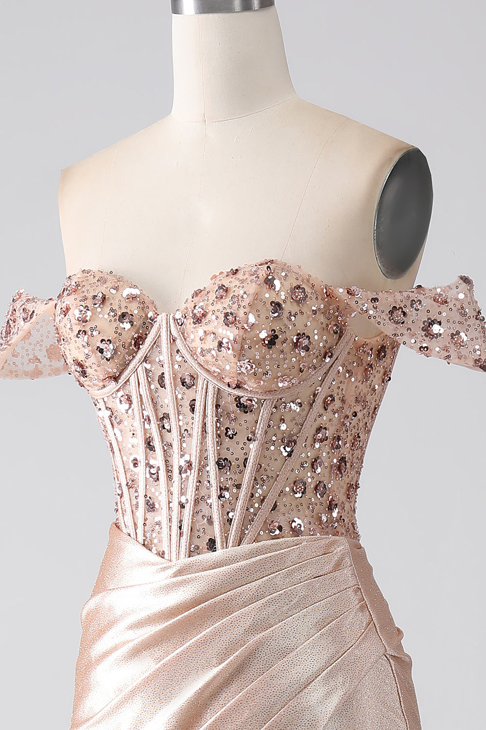 Champagne Mermaid Off The Shoulder Sequins Corset Prom Dress With Slit Evening Dresses