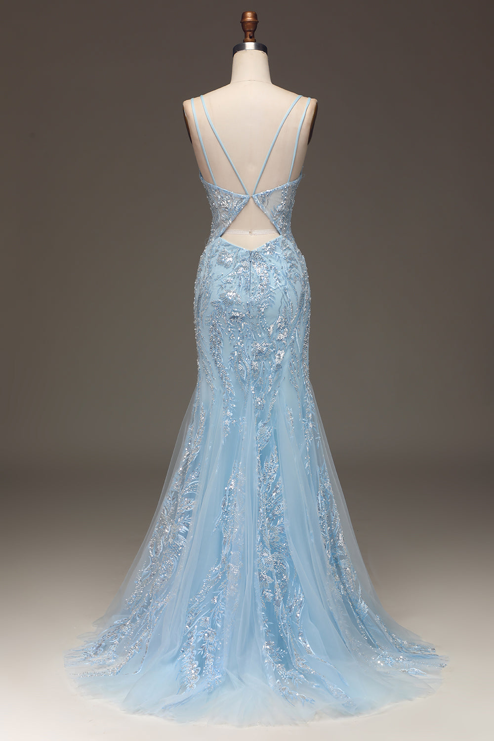 Blue Mermaid Tulle Beaded Long Prom Dress with Slit Sexy Evening Dresses