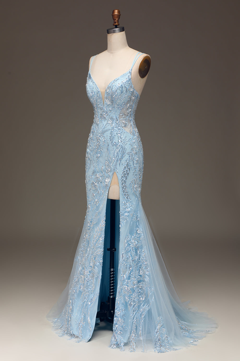Blue Mermaid Tulle Beaded Long Prom Dress with Slit Sexy Evening Dresses