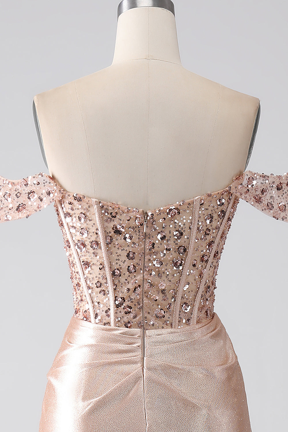 Champagne Mermaid Off The Shoulder Sequins Corset Prom Dress With Slit Evening Dresses