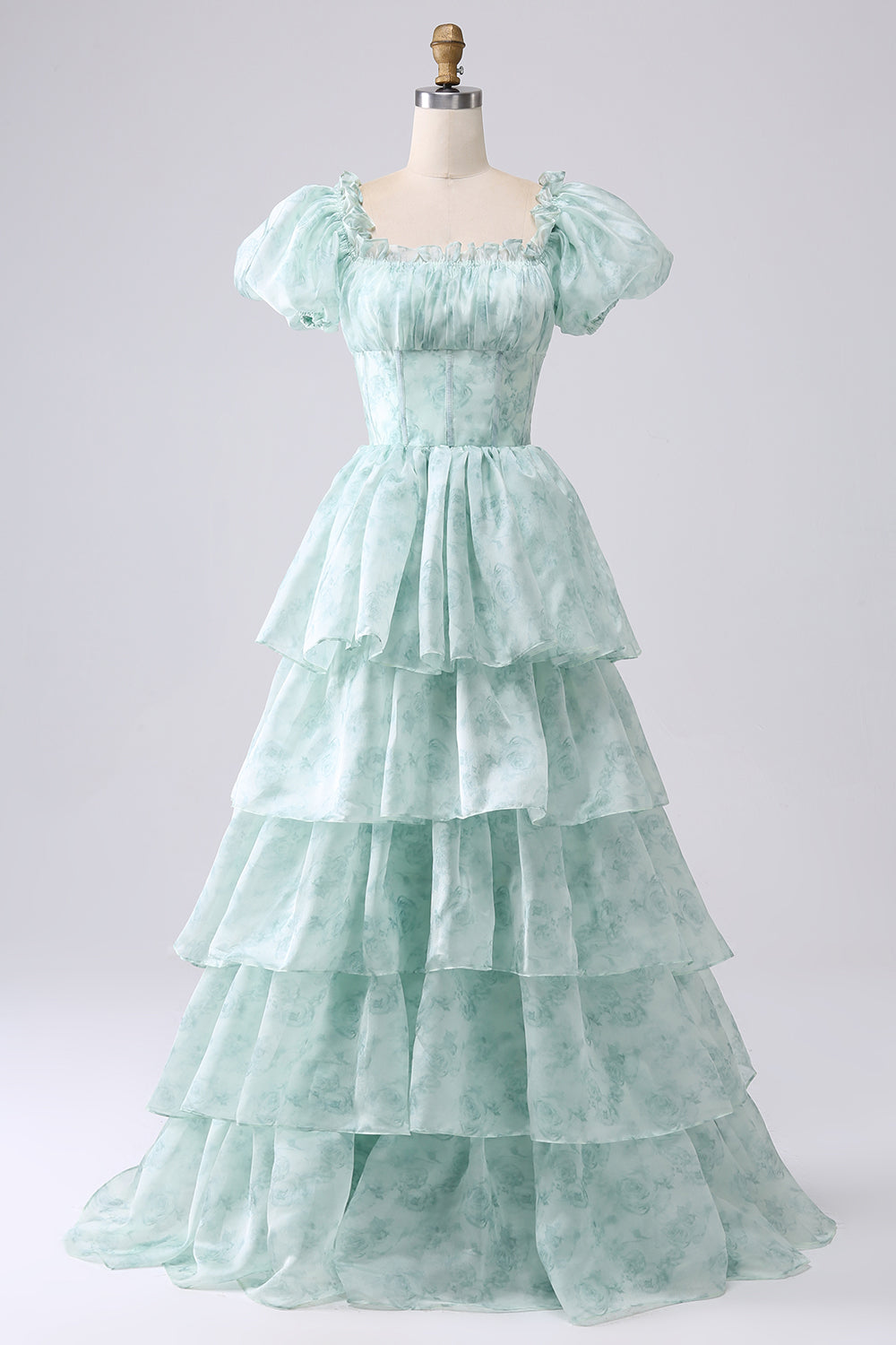 Light Blue Floral Print A-Line Off The Shoulder Tiered Prom Dress Floor Length Beautiful