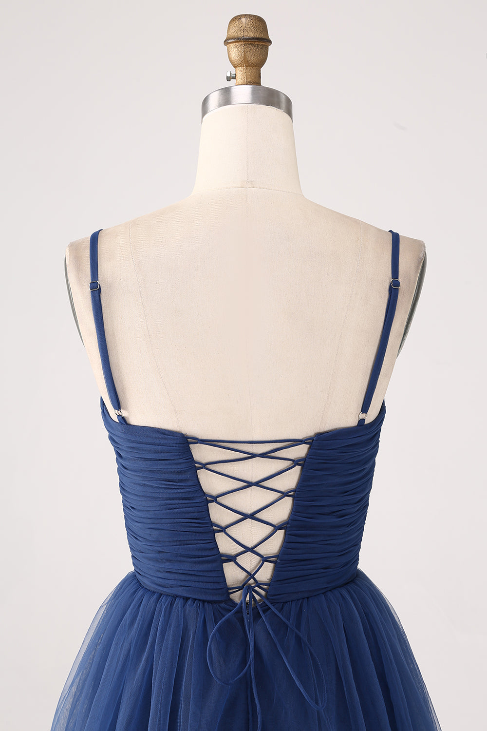 Navy A Line Spaghetti Straps Tulle Pleated Floor Length Bridesmaid Dress With Slit Beautiful