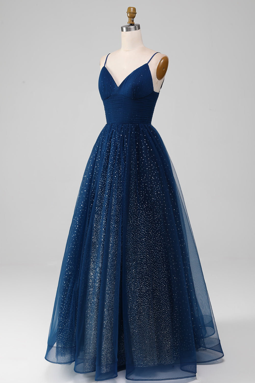 Navy Ball-Gown Spaghetti Straps V-Neck Long Beaded Tulle Prom Dresses Sparkly Evening Dresses