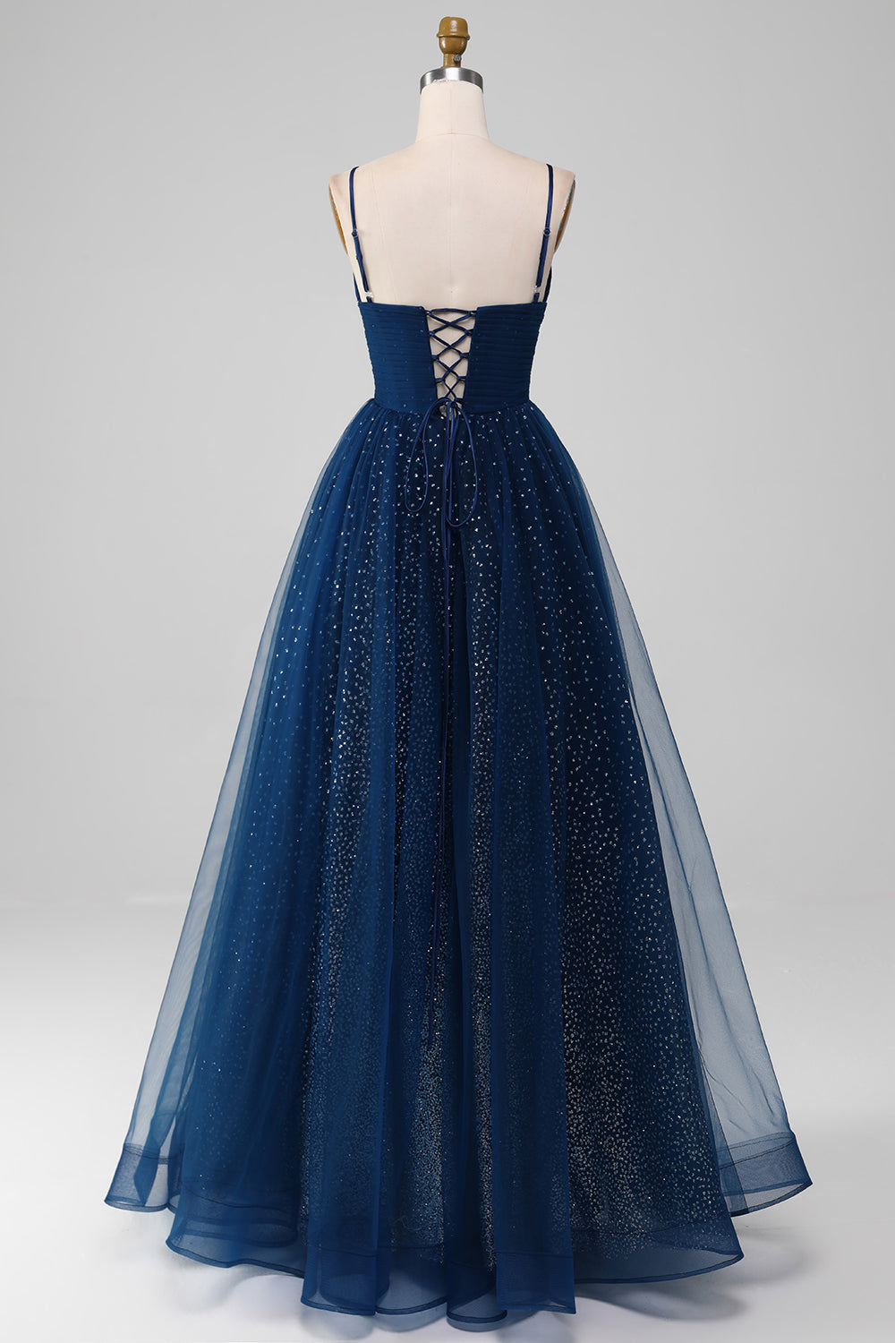 Navy Ball-Gown Spaghetti Straps V-Neck Long Beaded Tulle Prom Dresses Sparkly Evening Dresses