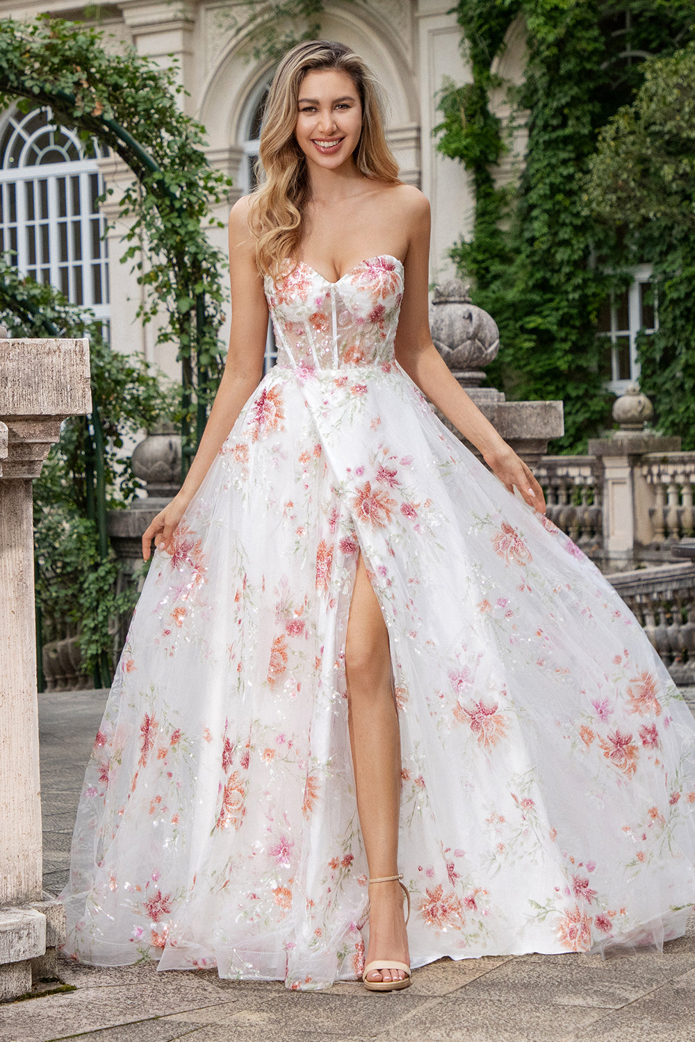 Elegant Sparkly Ivory Flower A Line Sweetheart Sequin Corset Party Dress With Slit Beautiful