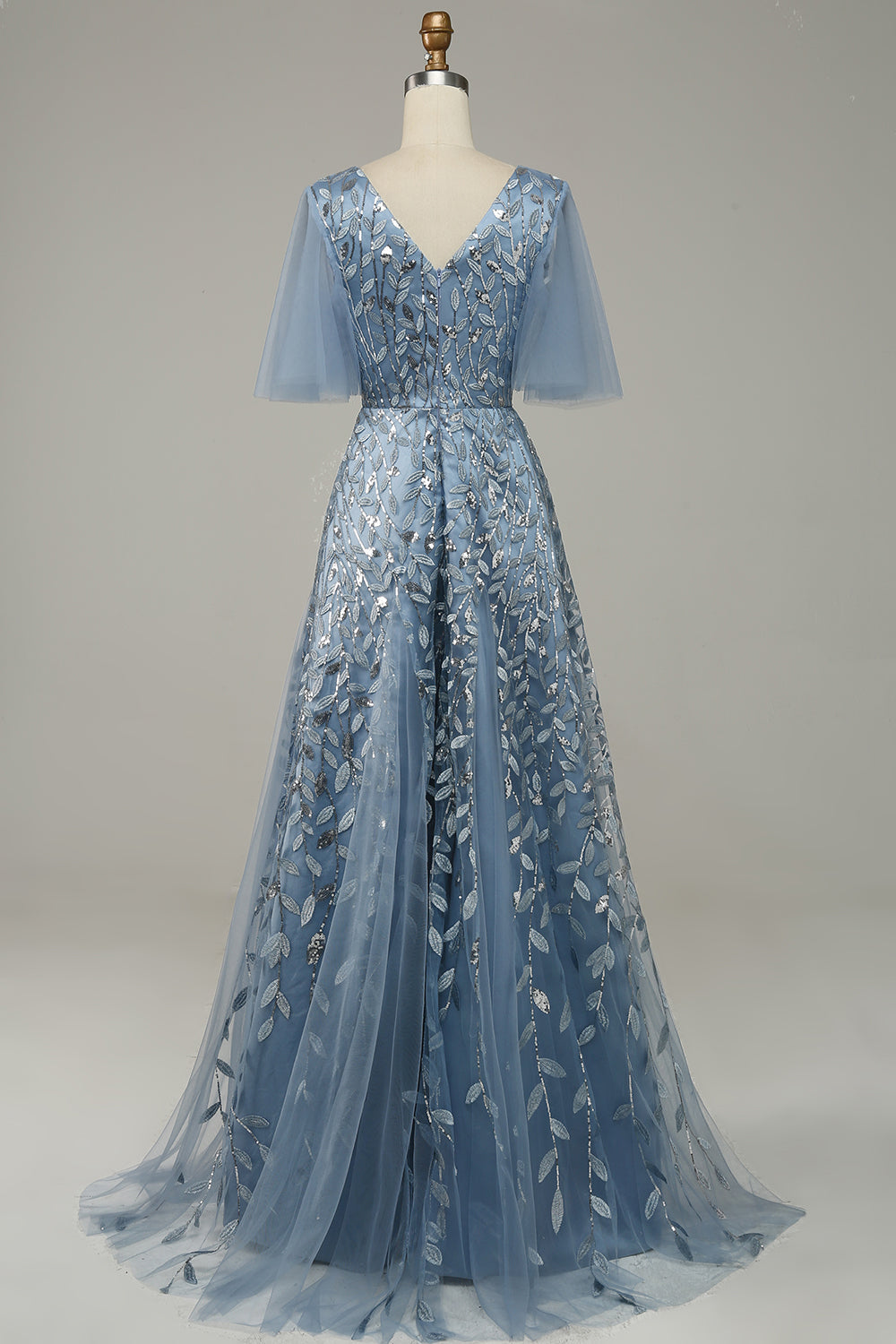 Blue A Line V Neck Tulle Embroidered Leaves Prom Dress Sexy Evening Dresses