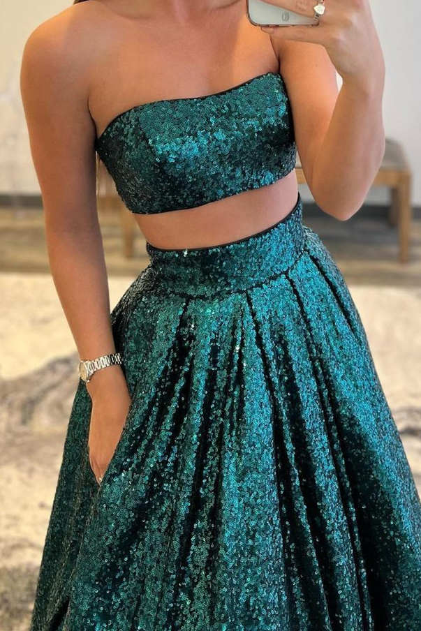 A-Line Gorgeous Two Piece Sequin Long Strapless Floor-Length Prom Dresses Sparkly Evening Dresses