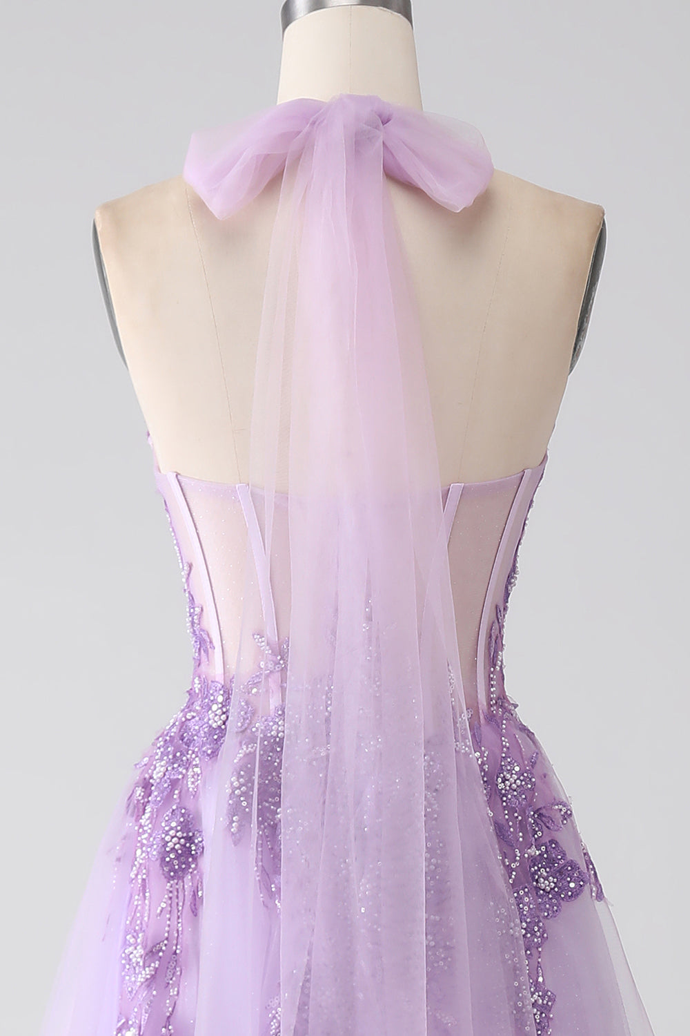 Purple A-Line Halter Neck Beaded Long Prom Dress V-neck With Slit