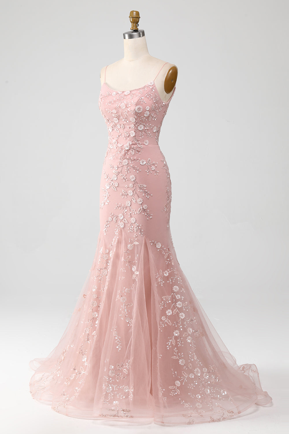 Blush Mermiad Spaghetti Straps Long Prom Dress with Appliques Light Blue With Flowers